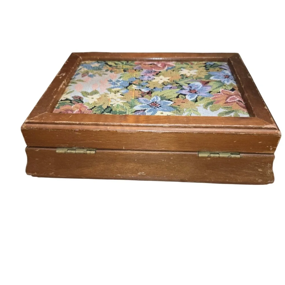 Vintage Jewelry Box Wood London Leather Co Floral Tapestry Red Velvet Lining